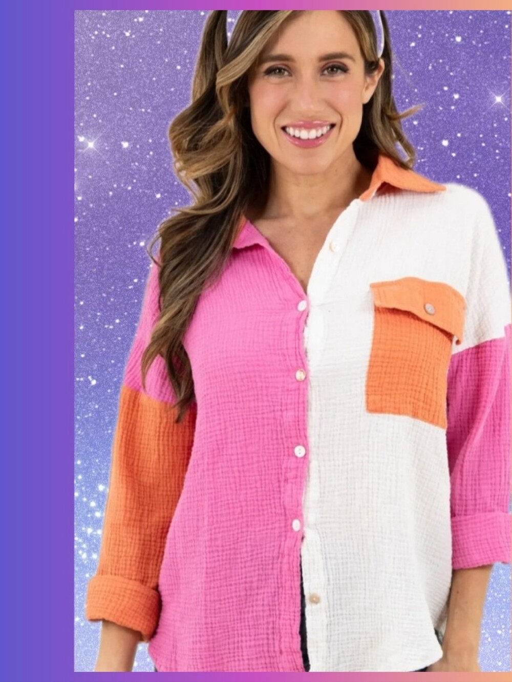 Oversized Button-Up Color Block Blouse by Entro - Picture 3 of 9